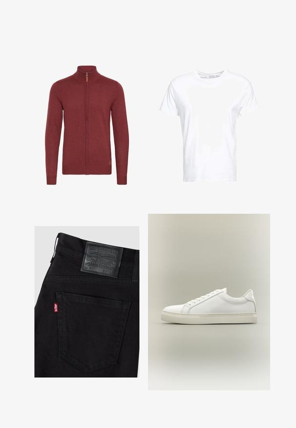 Rode ritsvest met een hoge kraag, geribde manchetten en zoom. Gebreide textuur, met een kleine leren accent bij de rits.; Witte katoenen t-shirt met een ronde hals en korte mouwen, in een klassiek model met een gladde textuur. Geen patronen of hardware zichtbaar.; Zwarte Levi's jeans met zichtbare rechter achterzak voorzien van een rood Levi's label en een zwart leren merkpatch met maat W32 L.; Witte lage sneaker met veters aan de voorkant en dikke zool, zijaanzicht tegen een neutrale achtergrond.
