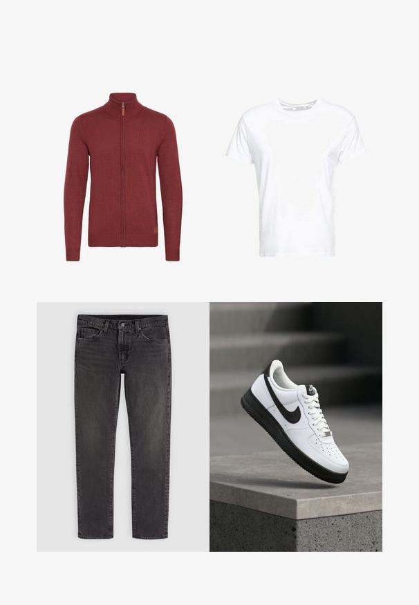 Rød zip-up sweater med høj krave, ribbede manchetter og kant. Strikket tekstur med et lille læderaccent nær lynlåsen.; Hvid bomulds t-shirt med rund halsudskæring og korte ærmer, i en klassisk pasform og glat tekstur. Ingen mønstre eller hardware synlige.; Sort denim jeans med lige ben, knap- og lynlåslukning, for- og baglommer samt bæltestropper.; Hvid lædersneaker med sorte detaljer, rundet tå og perforerede detaljer. Sort gummisål med tekstureret mønster og snørelukning.