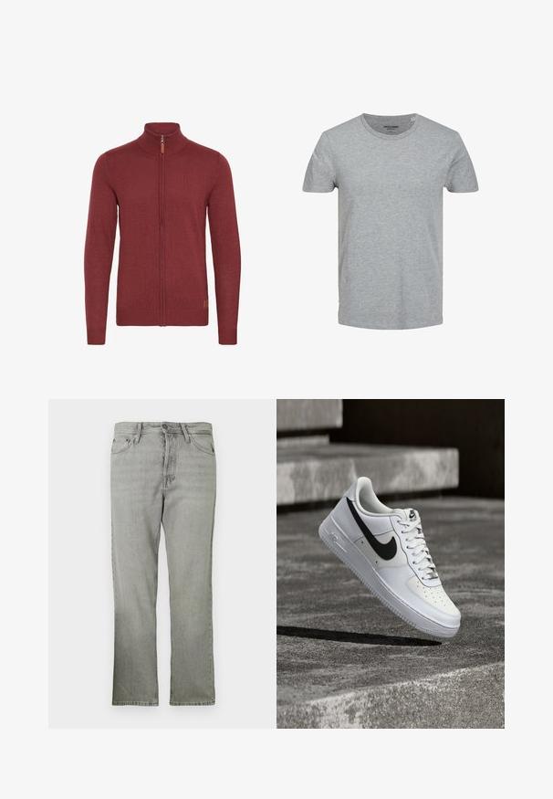 Rode ritsvest met een hoge kraag, geribde manchetten en zoom. Gebreide textuur, met een kleine leren accent bij de rits.; Grijze T-shirt met korte mouwen, gemaakt van zachte katoen. Kenmerkt zich door een klassieke ronde halslijn en een reguliere pasvorm. Eenvoudig ontwerp zonder patronen of accenten.; Lichtgrijze denim jeans met een recht model, voorzien van vijf zakken, een rits aan de voorkant en een subtiele verouderde textuur.; Witte Nike Air Force 1 sneaker met zwarte swoosh, veters gestrikt, zwevend in de lucht boven een gestructureerd betonnen oppervlak buiten.