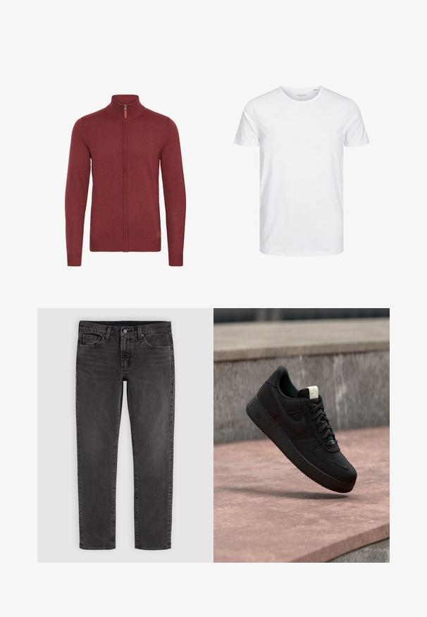 Rød zip-up sweater med høj krave, ribbede manchetter og kant. Strikket tekstur med et lille læderaccent nær lynlåsen.; Rundhals kortærmet t-shirt i ensfarvet hvid, lavet af blød bomuld, har et simpelt design uden synlige mønstre eller detaljer.; Sort denim jeans med lige ben, knap- og lynlåslukning, for- og baglommer samt bæltestropper.; Sort Nike Air Force 1 sneaker, der svæver over en lyserød betonforkant med en grå stenet baggrund, som viser sidde- og topdetaljer.