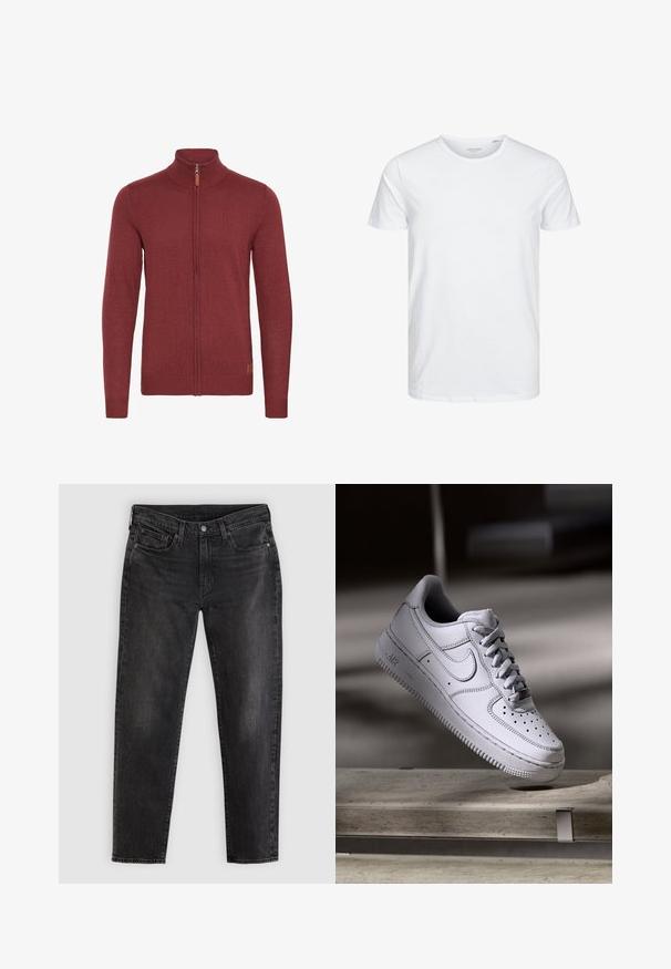 Suéter rojo con cremallera y cuello alto, con puños y dobladillo acanalados. Textura de punto, presenta un pequeño acento de cuero cerca de la cremallera.; Camiseta de manga corta y cuello redondo en blanco sólido, fabricada en algodón suave, presenta un diseño simple sin patrones ni acentos visibles.; Vaqueros negros de pierna recta con cierre de botones, bolsillos delanteros y presillas para cinturón, mostrados extendidos sobre un fondo gris claro.; Zapatilla Nike Air Force 1 de cuero blanco que presenta una puntera perforada, cordones planos y una suela de goma texturizada con la marca "AIR" en el lateral.