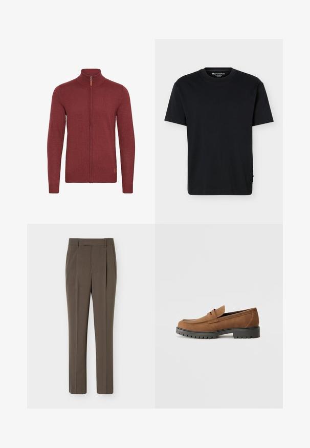 Rød zip-up sweater med høj krave, ribbede manchetter og kant. Strikket tekstur med et lille læderaccent nær lynlåsen.; Sort T-shirt med korte ærmer og rund hals, afslappet pasform og Marc O’Polo-mærkat på indersiden af kraven på en ensfarvet baggrund.; Brune skræddersyede bukser med bæltestropper, forreste plisseringer og skjult lukning, vist på en ensfarvet lys baggrund.; Brune Suede loafers med en rund tå og en lav sort gummisål, der har et dekorativt bånd og syninger på overdelen.