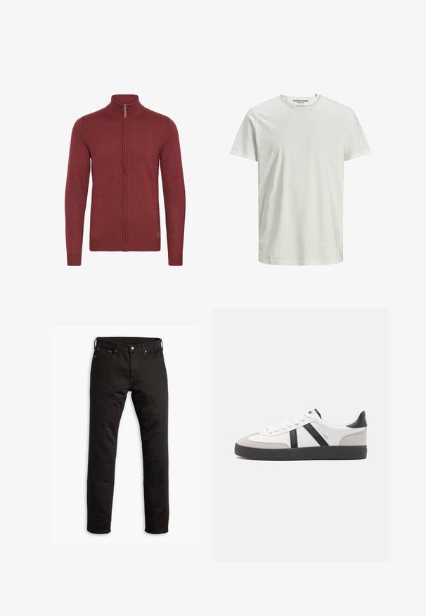 Rød zip-up sweater med høj krave, ribbede manchetter og kant. Strikket tekstur med et lille læderaccent nær lynlåsen.; Hvid kortærmet T-shirt lavet af økologisk bomuld. Har en rund halsudskæring og en afslappet pasform, med en simpel, glat tekstur.; Sorte denimjeans med et lige ben-design, forlommer og knaplukning. Stoffet har en glat tekstur og minimal detaljering.; Hvide sneakers med sorte og grå detaljer, med en tekstureret grå tåhætte, sort gummisål og flade hvide snørebånd. Rent design, minimalistisk stil.