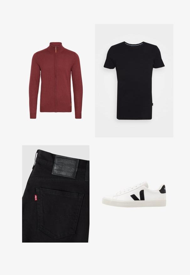 Rode ritsvest met een hoge kraag, geribde manchetten en zoom. Gebreide textuur, met een kleine leren accent bij de rits.; Lindbergh T-shirt basic - black; Zwarte Levi's jeans met zichtbare rechter achterzak voorzien van een rood Levi's label en een zwart leren merkpatch met maat W32 L.; Witte leren sneaker met zwarte suède accenten; voorzien van een rubberen zool, ronde neus en een klassieke vetersluiting. Zijkant met logo in het zwart.