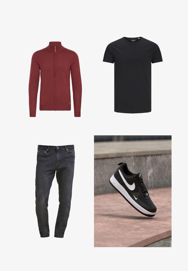 Rød zip-up sweater med høj krave, ribbede manchetter og kant. Strikket tekstur med et lille læderaccent nær lynlåsen.; Sort bomulds T-shirt med rund hals, korte ærmer og et enkelt design. Glat tekstur, ingen mønstre eller synligt tilbehør.; Slim-fit sorte denim jeans med fem lommer, lynlåslukning og let slitage. Glat tekstur med en mørk vaskefinish.; Sort-hvid Nike Air Force 1 sneaker svævende over en lyserød betonflade med en grå stenbaggrund.