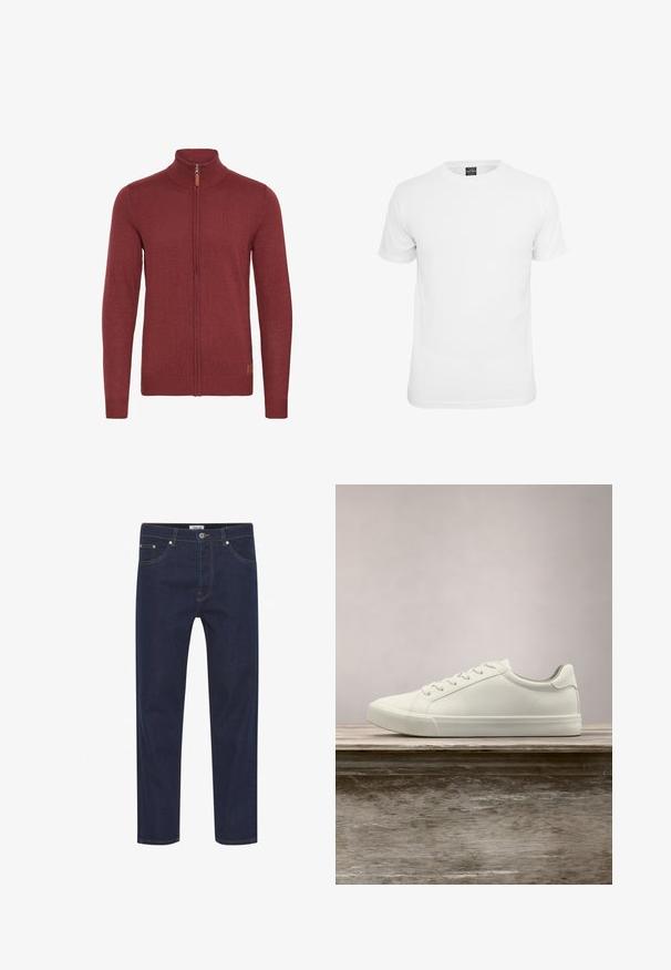Rode ritsvest met een hoge kraag, geribde manchetten en zoom. Gebreide textuur, met een kleine leren accent bij de rits.; Witte t-shirt met korte mouwen, gemaakt van katoen, voorzien van een ronde hals en een soepele textuur, ontworpen voor casual gebruik.; Donkerblauwe denim jeans met rechte snit, voorzien van lichte stiksels, vijf zakken en een knoopsluiting op de taille. Glad oppervlak.; Witte vetersneaker die boven een houten bank zweeft met groene bladeren op de achtergrond, waarbij het ontwerp en de textuur van de schoen worden getoond.
