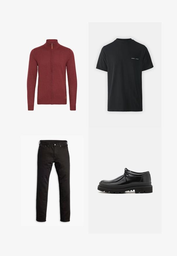 Rode ritsvest met een hoge kraag, geribde manchetten en zoom. Gebreide textuur, met een kleine leren accent bij de rits.; Zwarte katoenen T-shirt met een klassieke ronde hals, korte mouwen en twee kleine witte "SAMSØE" logo's op de linkerkant van de borst.; Zwarte denimjeans met een rechte pasvorm, zijzakken en een knoopsluiting. De stof heeft een soepele textuur en minimale details.; Zwarte leren derby schoenen met een strak ontwerp, ronde neus en een getextureerde rubberen zool met diepe groeven voor grip.