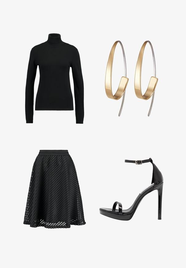 Schwarzer Rollkragenpullover aus glattem Strickstoff. Verfügt über lange Ärmel und ein figurnahes Design, mit gerippten Kragen- und Saumakzenten.; JDY JDYOGGI WIDE SKIRT - A-Linien-Rock - black; Steve Madden MILANO - High Heel Sandalette - black; Skagen KARIANA - Ohrringe - gold-coloured