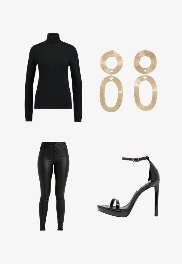 Pull à col roulant noir en tissu tricoté lisse. Dispose de manches longues et d'une coupe ajustée, avec des accents côtelés au niveau du col et de l'ourlet.; ONLY Tall ONLROYAL BUTTON - Pantalon classique - black; Steve Madden MILANO - Sandales à talons hauts - black; sweet deluxe Boucles d'oreilles - gold-coloured