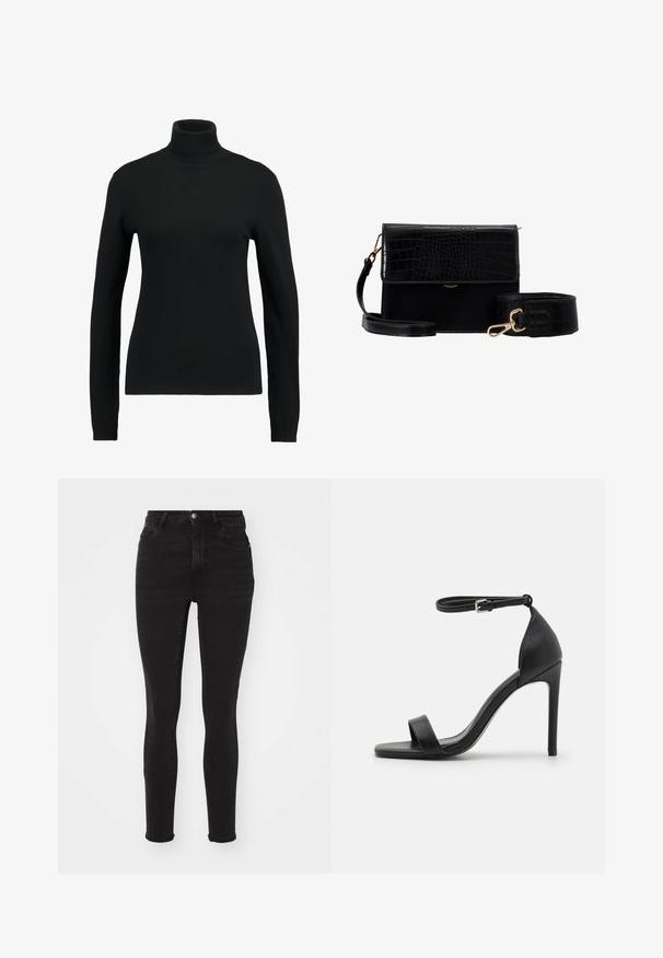 Schwarzer Rollkragenpullover aus glattem Strickstoff. Verfügt über lange Ärmel und ein figurnahes Design, mit gerippten Kragen- und Saumakzenten.; Schwarze Skinny-Jeans aus Denim mit hoher Taille, ausgestattet mit fünf Taschen, einem Reißverschluss vorn und einem Metallknopf. Glatte Textur mit leichtem Stretch.; Schwarze hochhackige Sandale mit elegantem Design, featuring einem Knöchelriemen, offener Zehenpartie und glattem Lederfinish.; Schwarze Umhängetasche aus Kunstleder mit Krokodilmuster, goldenen Beschlägen und einem abnehmbaren Tragegurt. Verfügt über einen Klappenverschluss und ein Innenfach.