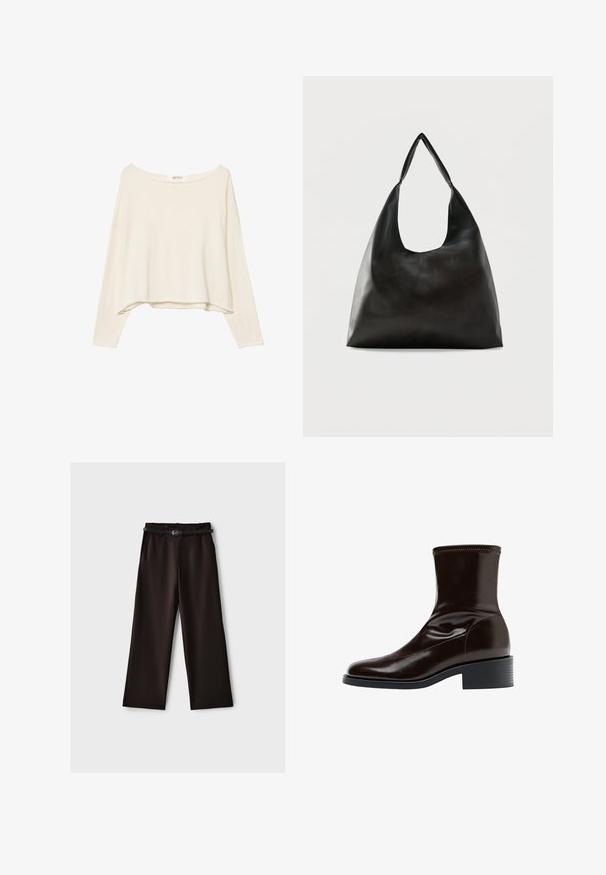 Lys beige cropped sweatshirt med bred halsudskæring, lange ærmer og et blødt, tekstureret stof. Har en afslappet, boxy pasform.; Sorte vidde bukser med sort bælte, forlommer og høj talje, vist på en ensartet lys grå baggrund.; Mørkebrun læderankelstøvle med firkantet tå, lav blokhæle og stikning langs øverste kant, vist i sideprofil.; Sort skuldertaske i glat læder med en bred, enkelt strop og et afslappet, minimalistisk design mod en ensfarvet baggrund.