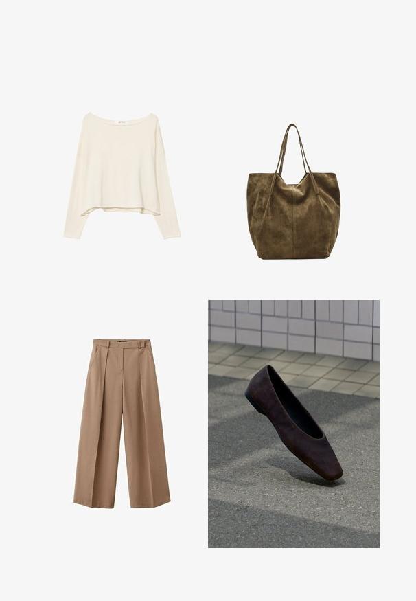 Lys beige cropped sweatshirt med bred halsudskæring, lange ærmer og et blødt, tekstureret stof. Har en afslappet, boxy pasform.; Bredde benbukser i en lys brun kvalitet. Funktioner inkluderer høj talje, frontfolder og to sidelommer. Glat, struktureret overflade.; Enkelt mørkebrun flad sko svævende over tekstureret jord med baggrund af flisebelagt væg.; Stor brun ruskinds-tote med to lange håndtag, ustruktureret form og synlig søm ned foran, præsenteret på hvid baggrund.