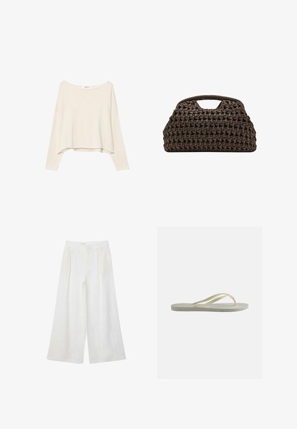 Sweatshirt court beige clair avec un large col, des manches longues et un tissu doux et texturé. Présente une coupe décontractée et carrée.; Pantalon large en lin blanc avec plis devant et passants de ceinture, conçu pour une coupe ample et décontractée.; Tongs en caoutchouc blanc cassé, à bride fine et semelle texturée, vues de côté sur un fond uni.; Sac à main tissé marron avec une texture en maille épaisse et une poignée découpée, forme rectangulaire avec une structure souple et lâche.