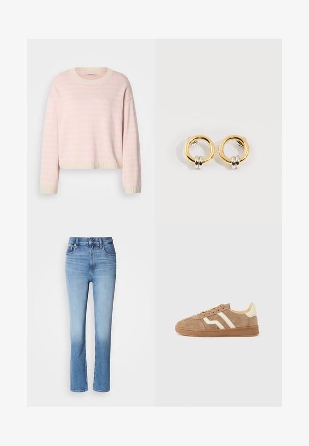 Pull couleur crème à rayures horizontales rose pâle, avec un col rond, des poignets côtelés et un ourlet court.; Jean en denim bleu avec taille haute, coupe droite, dégradé de couleur usé et style cinq poches. Fermeture à bouton en métal et zip.; Baskets en daim marron avec rayures blanches en accent, bout arrondi, intérieur beige et semelle extérieure en caoutchouc. Lacets à surface texturée.; Boucles d'oreilles circulaires en or avec deux petites bagues en argent sur chacune, affichant des détails subtils du nom de la marque gravé, posées sur un fond blanc.