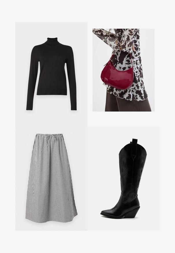 JJXX Turtleneck JXADA Turtleneck - Trui - black; Lange A-lijn rok met zwart-wit ruitpatroon en elastische tailleband met trekkoord.; Zwarte leren cowboylaars met puntige neus, schuine blokhak, decoratieve stiksels en aantreklusjes bovenaan tegen een witte achtergrond.; Vrouw met een zwart-wit gebloemde blouse houdt een glanzende rode schoudertas vast tegen een effen achtergrond.