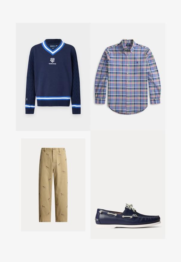 Pull bleu marine col V avec manches en maille torsadée, bordure rayée blanche et bleue, et logo de Wimbledon brodé sur la poitrine.; Chemise boutonnée à motif à carreaux bleu avec des accents roses, verts et blancs. Manches longues, col, et ourlet incurvé. Présente un logo sur la poitrine.; Pantalon en velours côtelé beige avec motifs brodés de chiens, coupe droite, cinq poches et fermeture à bouton devant.; Chaussure bateau en cuir bleu marine avec lacets et coutures blancs, dotée d'une semelle en caoutchouc blanche et d'œillets métalliques sur fond clair.