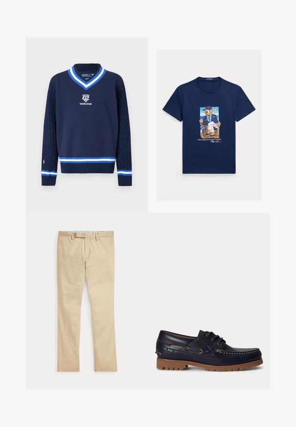 Pull bleu marine col V avec manches en maille torsadée, bordure rayée blanche et bleue, et logo de Wimbledon brodé sur la poitrine.; T-shirt bleu marine avec un motif représentant un ours vêtu d’une veste rayée, d’un pantalon blanc et d’une casquette, assis sur une chaise sur le pont d’un bateau.; Pantalon beige à jambes droites avec passants de ceinture et braguette zippée à l'avant, posé à plat sur un fond blanc.; Chaussure bateau en cuir bleu marine avec semelle en caoutchouc marron, couture blanche, lacets et petite étiquette Polo verte sur le côté.