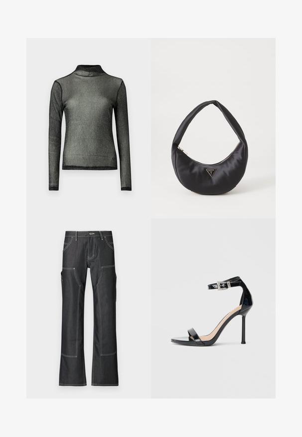 Haut à col roulé à manches longues noir en tissu transparent et scintillant ; coupe ajustée avec un col haut et un bord noir contrastant le long des contours.; Pantalons cargo en denim sombre avec des coutures contrastées blanches, comportant plusieurs poches et un design à jambes évasées. Tissu durable et fermeture à bouton en métal.; Sandale à talon haut en cuir verni noir avec bride à la cheville. Présente un design minimaliste, un bout ouvert et une boucle ornée de strass.; Sac à main en satin noir avec une forme courbée, doté d'une fermeture à glissière et d'un logo triangulaire en métal à l'avant. Texture lisse et design épuré.