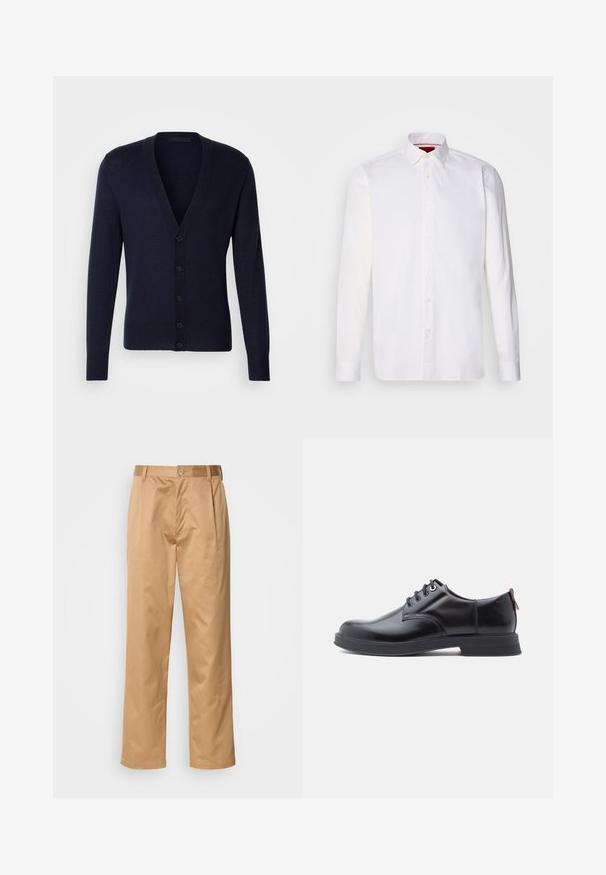 Cárdigan azul marino con escote en V, puños y dobladillo acanalados. Presenta seis botones en la parte delantera y una textura de punto suave.; Camisa blanca de manga larga hecha de algodón, con un collar clásico, placket frontal con botones y una textura suave. Detalle interior del collar en rojo.; Pantalones caqui, mezcla de algodón, diseño de pierna recta, con pliegues delanteros, trabillas para cinturón y cierre de botón. Textura suave sin patrones.; Zapatos de piel negra con cordones, textura lisa, puntera redondeada y detalles sutiles de costura. Cuentan con una lengüeta roja en el talón.
