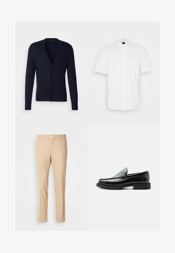 Marineblauer Cardigan mit V-Ausschnitt, gerippten Bündchen und Saum. Verfügt über sechs vordere Knöpfe und eine glatte Strickstruktur.; Weißes Kurzarm-Hemd mit Knöpfen aus Baumwolle, ausgestattet mit einer einzigen Brusttasche, einem klassischen Kragen und dezenten Nähdetails.; Beige maßgeschneiderte Hosen aus strukturierter Stoff, mit geradem Bein-Design, vorderen Falten und einem einzigen Knopfverschluss an der Taille.; Schwarzer Lederloafer mit grober Gummisohle, genähter Oberseite und geprägtem Markennamen an der Ferse, seitlich auf weißem Hintergrund gezeigt.
