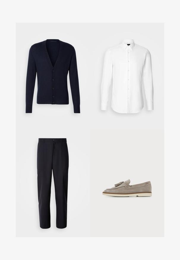Cardigan bleu marine avec un col en V, des poignets et un ourlet côtelés. Présente six boutons sur le devant et une texture de tricot lisse.; Chemise blanche à manches longues, boutonnée sur le devant, col classique, fabriquée en tissu lisse avec une texture subtile, conçue pour une coupe ajustée.; Pantalons bleu marine foncé en tissu lisse, présentant une coupe droite, deux poches latérales et une fermeture à bouton à la taille.; Mocassin homme en daim marron clair avec détail pompon et semelle en caoutchouc crème, vue de côté sur fond uni.