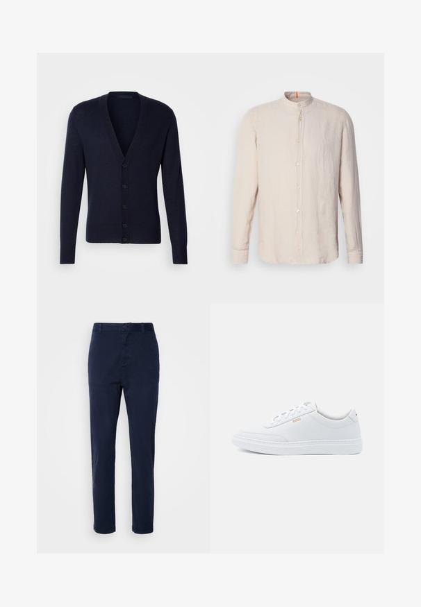 Cardigan bleu marine avec un col en V, des poignets et un ourlet côtelés. Présente six boutons sur le devant et une texture de tricot lisse.; Chemise en lin beige clair à manches longues avec col montant, fermeture à boutons sur le devant et une texture subtile. Présente un accent orange au niveau de l'encolure.; Chinos bleu marine en tissu léger, avec une coupe droite, fermeture par bouton et poches latérales. Texture lisse sans motifs.; Baskets blanches en cuir avec une texture lisse, bout rond et coutures tonales. Possède des lacets bleus et un logo doré sur le côté.