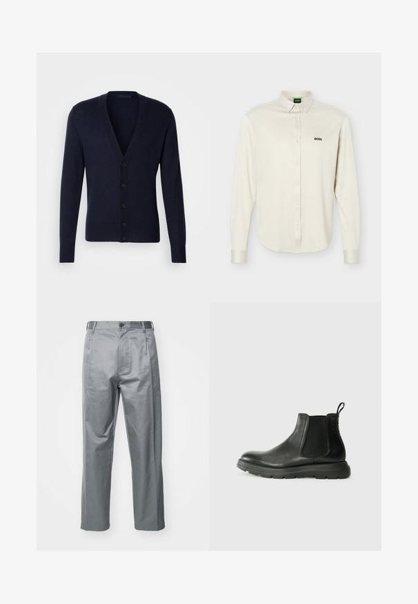 Marineblauer Cardigan mit V-Ausschnitt, gerippten Bündchen und Saum. Verfügt über sechs vordere Knöpfe und eine glatte Strickstruktur.; Weißes, langärmeliges Hemd mit Knöpfen und Kragen, schwarzes "BOSS"-Logo auf der linken Brustseite und mit Knöpfen versehene Manschetten, auf einfarbigem Hintergrund präsentiert.; Graue Baumwollmischung-Hosen mit geradem Bein, ausgestattet mit einem vorderen Knopfverschluss, Gürtelschlaufen und seitlichen Taschen.; Schwarze Chelsea-Stiefel aus glattem Leder, mit elastischen seitlichen Einsätzen, einer gepolsterten Sohle und einer Zuglasche an der Ferse für ein einfaches An- und Ausziehen.