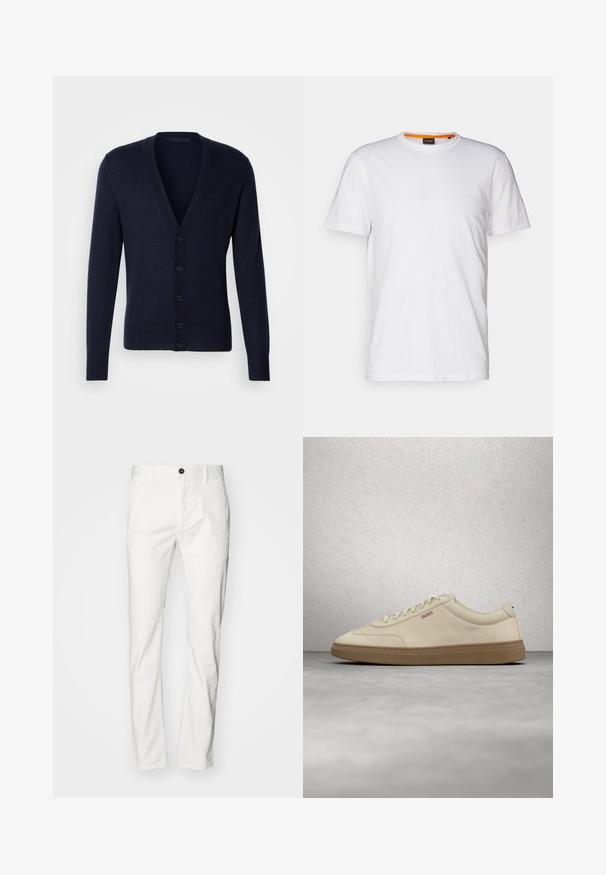 Cardigan bleu marine avec un col en V, des poignets et un ourlet côtelés. Présente six boutons sur le devant et une texture de tricot lisse.; T-shirt en coton blanc avec un col rond, des manches courtes et un logo en relief subtil sur la poitrine. L'étiquette intérieure a une touche d'orange.; Pantalon en coton blanc avec une coupe droite, doté d'une fermeture à bouton et de poches, texture lisse et style minimaliste.; Baskets en daim beige clair avec une semelle en caoutchouc gomme, des lacets prononcés et des détails de couture subtils. Design épuré avec une esthétique minimaliste.