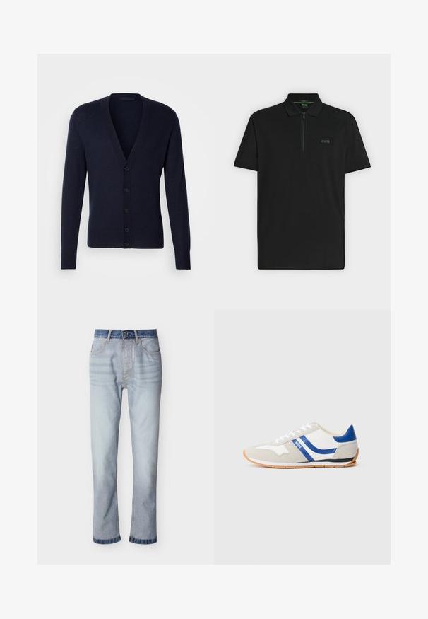Marineblauer Cardigan mit V-Ausschnitt, gerippten Bündchen und Saum. Verfügt über sechs vordere Knöpfe und eine glatte Strickstruktur.; Schwarzes Polohemd mit kurzen Ärmeln, Reißverschluss am Kragen und kleinem "BOSS"-Logo auf der linken Brust.; Hellblaue Jeans aus Denim mit einem dunkelblauen Bund, geradem Beinverlauf, fünf Taschen und sichtbaren Nahtdetails.; Sneaker mit einem Obermaterial aus weißem und grauem Wildleder, blauen Akzenten, Schnürverschluss und Gummisohle in Kautschukfarbe. Verfügt über ein geschwungenes Design und ein Logodetail.