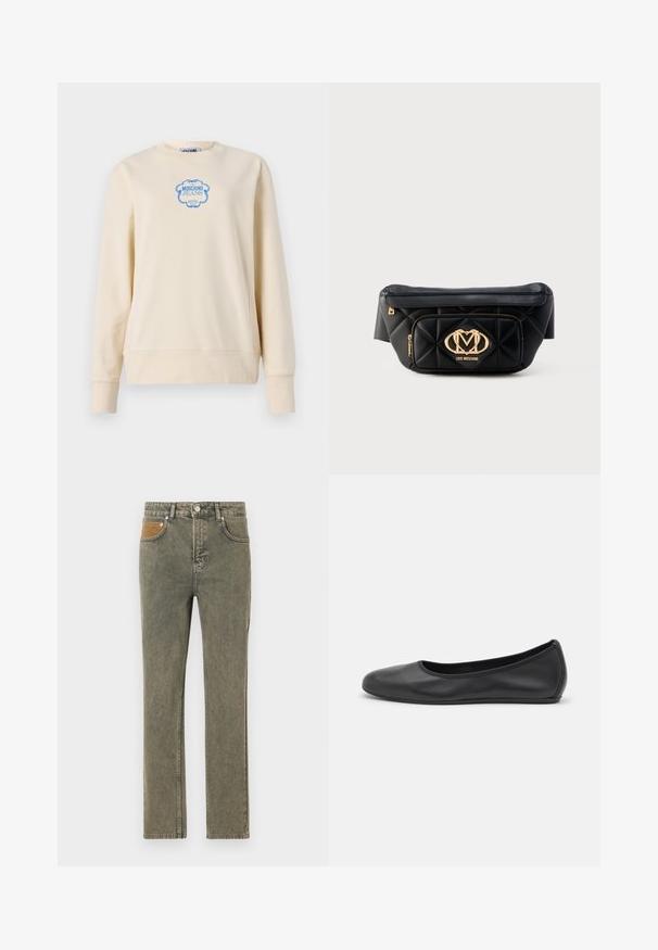 Beige sweater gemaakt van zachte katoen, met een ronde halslijn en lange mouwen. Toont een blauw logo in een sierlijk frame in het midden.; Groene denim jeans met een rechte pijp ontwerp, voorzien van een bruine corduroy accentzak en subtiele vervagingen door de stof.; Zwarte leren ballerina met een ronde neus, gladde textuur, minimale stikdetails en een flexibele zoolontwerp.; Zwarte doorgestikte lederen riemtas met gouden Love Moschino logoplaatje en ritssluiting aan de voorkant op witte achtergrond.