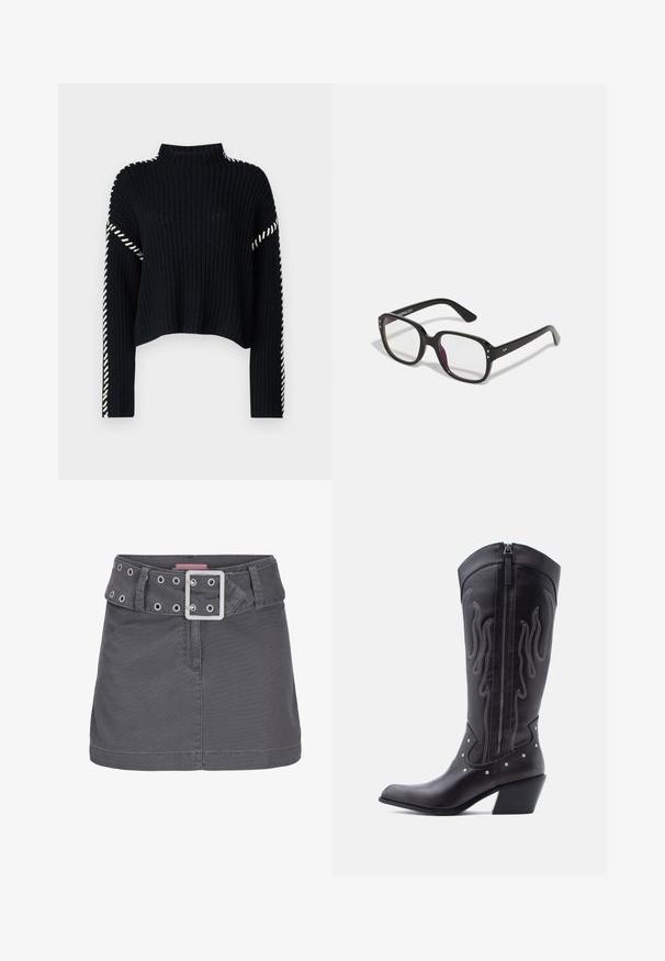 Vero Moda VMNEWCREAM FUNNELNECK PULLOVER - Svetrík - black/birch; Sivá bavlnená minisukňa so širokým opaskom so striebornými očkami a štvorcovou kovovou prackou, navrhnutá s čistým, rovný siluetou.; Čierne kožené kovbojské čižmy so špicatou špičkou, viditeľným prešívaním, striebornými ozdobnými nitmi a zipsom na vnútornej strane.; Čierne obdĺžnikové okuliare s priesvitnými sklami, s zaoblenými okrajmi a bočnými akcentmi, s lesklým povrchom rámu a ramien.