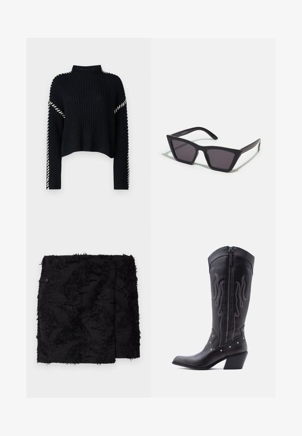 Vero Moda VMNEWCREAM FUNNELNECK PULLOVER - Pullover - black/birch; Jupe noire en tissu texturé avec des accents effilochés. Forme carrée, longueur au-dessus du genou et détail de bouton sur le côté.; Bottes de cow-boy en cuir noir avec bout pointu, coutures apparentes, ornements à clous argentés et fermeture éclair sur le côté intérieur.; Lunettes noires angulaires avec des verres gris ; fabriquées en plastique, avec des branches épaisses à la surface lisse et sans matériel visible.
