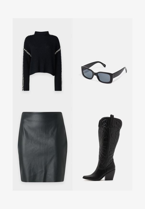 Vero Moda VMNEWCREAM FUNNELNECK PULLOVER - Pullover - black/birch; Mini-jupe en simili cuir noir avec une texture lisse, coupe ajustée et droite. Aucun élément visible ni embellissement.; Bottes hautes en cuir noir jusqu'aux genoux avec bout pointu et talon empilé. Caractéristiques de coutures décoratives et éléments de design courbés.; Lunettes de soleil rectangulaires noires avec des verres teintés foncés, monture en plastique épaisse et branches larges. Surface lisse et design angulaire.