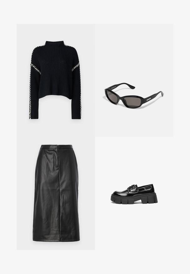 Vero Moda VMNEWCREAM FUNNELNECK PULLOVER - Svetrík - black/birch; Čierna kožená sukňa s priliehavým strihom, ktorá má hladkú textúru, stredne dlhý dizajn a jemné švy. Bez kovových doplnkov.; Čierny lakovaný kožený loafer s robustnou čiernou platformou a dekoračnými očkami. Hladký povrch s okrúhlou špičkou a detaily šnurovania.; Čierne slnečné okuliare s obdĺžnikovým rámom, tmavými šošovkami, hladkým plastovým materiálom a kovovým akcentom na ramene.