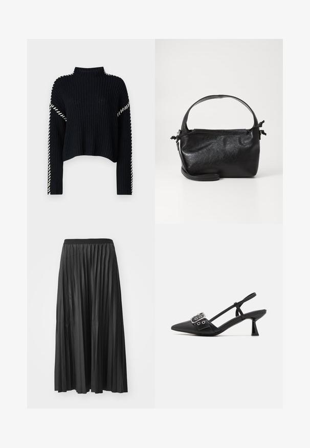 Vero Moda VMNEWCREAM FUNNELNECK PULLOVER - Trui - black/birch; Zwarte geplisseerde maxi rok met een gladde textuur en een elastische tailleband, met verticale plooien die volume en beweging creëren.; Simmi London DALA - Klassieke pumps - black; Zwarte leren handtas met een gestructureerd ontwerp, een ronde bovenhandgreep en een afneembare schouderriem. Beschikt over een gladde textuur en een subtiele glans.