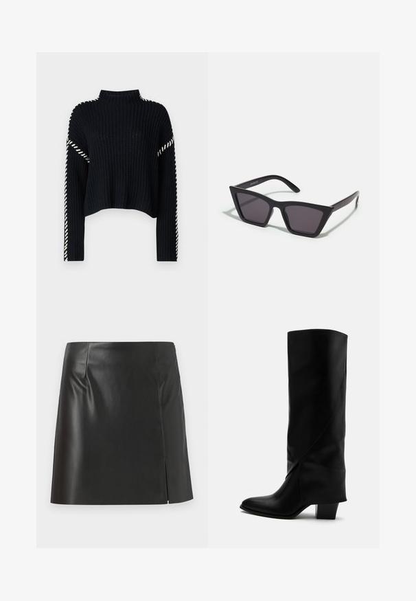Vero Moda VMNEWCREAM FUNNELNECK PULLOVER - Trui - black/birch; Zwarte leren mini-jurk met een rechte snit, een soepele textuur en een zijrits met een splitdetail aan één kant.; Hoge zwarte leren laars met schuine stiksels, puntige neus en stevige hak van gemiddelde hoogte op witte achtergrond.; Zwarte, hoekige zonnebril met grijze lenzen; gemaakt van plastic, met dikke armen met een gladde oppervlakte en zonder zichtbare hardware.