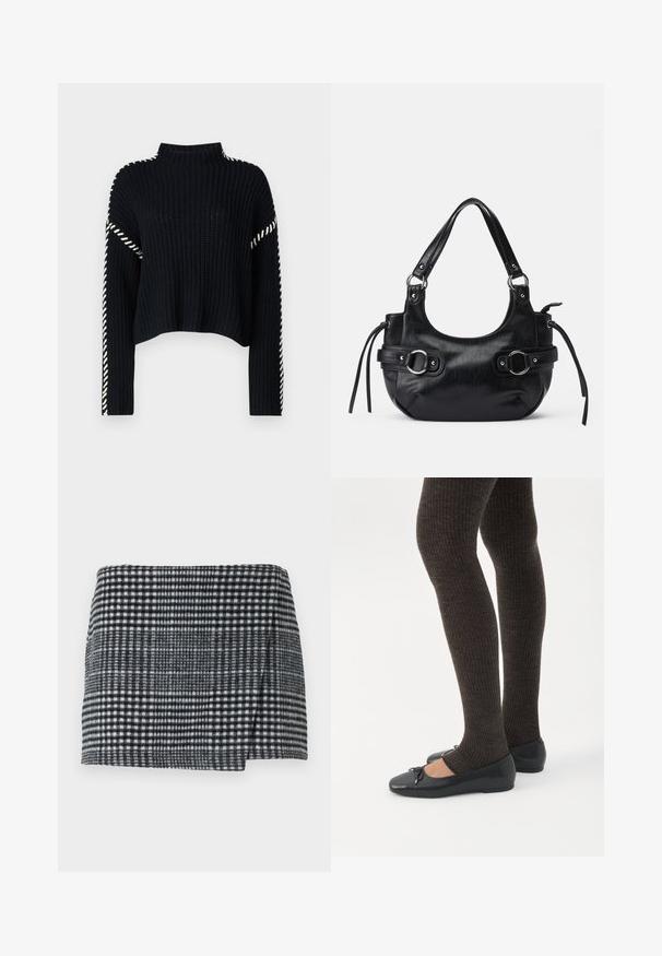 Vero Moda VMNEWCREAM FUNNELNECK PULLOVER - Striktrøje - black/birch; Uld mini nederdel med et sort og hvidt hundetandmønster, lige skæring med en let asymmetrisk kant og struktureret stof.; Ben iført mørke ribbede leggings kombineret med sorte balletsko med små sløjfedetaljer på hvid baggrund.; Sort læderhåndtaske med en rund form, der har to sidelukninger, en glat tekstur og en kort skulderrem. Der er pynt i form af sidekæder.