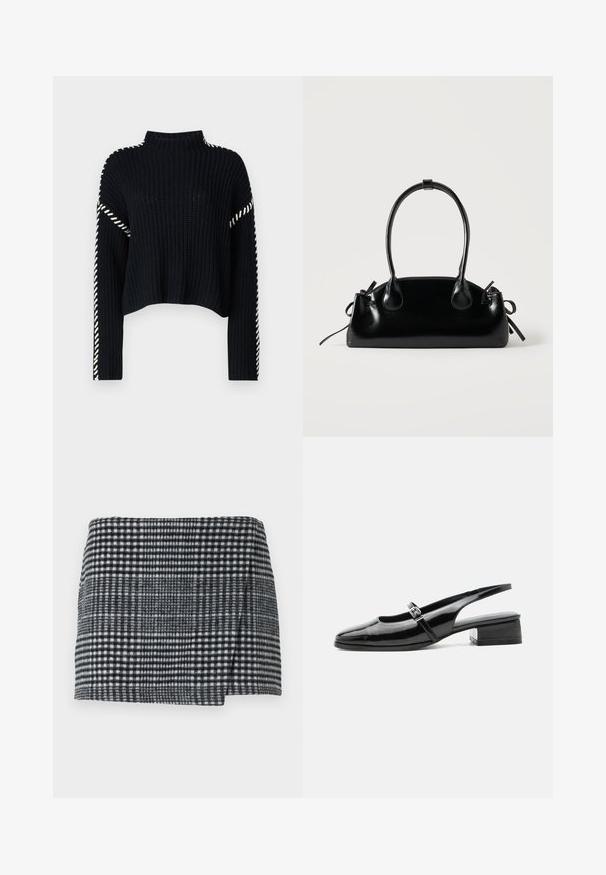 Vero Moda VMNEWCREAM FUNNELNECK PULLOVER - Trui - black/birch; Wollen mini-jurk met een zwart-wit houndstooth patroon, rechte snit met een lichte asymmetrische zoom en textuurstof.; Zwarte lakleren slingback schoen met een lage blokhak en een dunne band met zilveren gesp bovenop.; Kleine zwarte glanzende handtas met twee lange hengsels en zijkant trekkoord details op een effen lichte achtergrond.