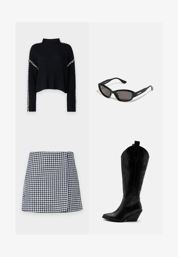 Vero Moda VMNEWCREAM FUNNELNECK PULLOVER - Svetrík - black/birch; Námornícky modrá a biela kockovaná mini sukňa, vyrobená z textúrovaného materiálu s rozšíreným strihom a skrytým bočným zipsom na zapínanie.; Čierna kožená kovbojská čižma so špicatou špičkou, šikmým blokovým podpätkom, dekoratívnym prešitím a ťahacími pútkami na vrchu na bielom pozadí.; Čierne slnečné okuliare s obdĺžnikovým rámom, tmavými šošovkami, hladkým plastovým materiálom a kovovým akcentom na ramene.
