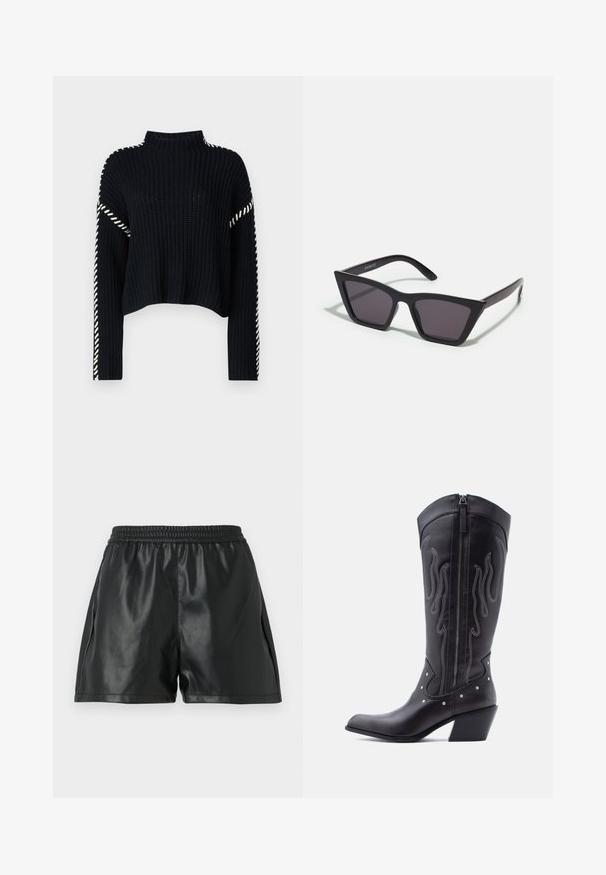 Vero Moda VMNEWCREAM FUNNELNECK PULLOVER - Trui - black/birch; Zwarte nep leren shorts met een elastische tailleband, voorzien van een gladde textuur en een losse pasvorm. Geen zichtbare patronen of accenten.; Zwarte leren cowboylaarzen met een puntige neus, zichtbare stiksels, zilveren studaccenten en een ritssluiting aan de binnenkant.; Zwarte, hoekige zonnebril met grijze lenzen; gemaakt van plastic, met dikke armen met een gladde oppervlakte en zonder zichtbare hardware.