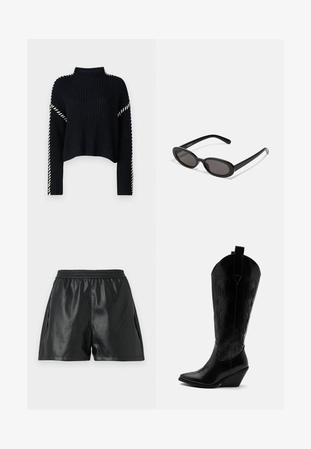 Vero Moda VMNEWCREAM FUNNELNECK PULLOVER - Striktrøje - black/birch; Sorte shorts i kunstlæder med elastisk talje, der har en glat tekstur og løs pasform. Ingen synlige mønstre eller detaljer.; Sort læder cowboystøvle med spidst tåparti, skråt blokhælhæl, dekorative sømme og trækstropper øverst mod hvid baggrund.; Even&Odd by Zalando Solbriller - black