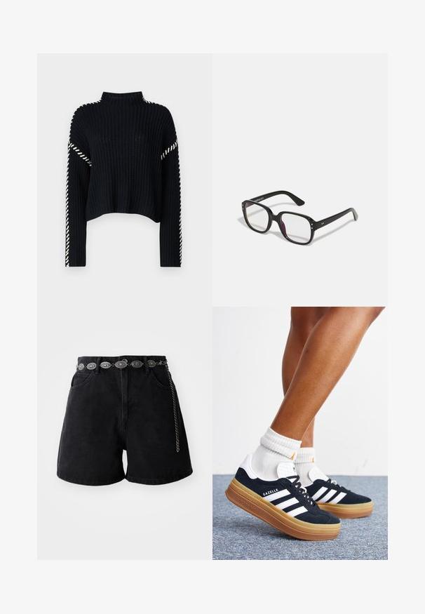 Vero Moda VMNEWCREAM FUNNELNECK PULLOVER - Trui - black/birch; Zwarte denim shorts met een hoge taille, voorzakken en een decoratieve zilveren kettingriem met ovale accenten. Gladde textuur.; Ben met witte sokken en zwarte Adidas Gazelle sneakers met witte strepen en dikke bruine zolen op een grijs tapijt.; Zwarte rechthoekige bril met heldere lenzen, voorzien van afgeronde randen en zijaccenten, met een glanzende afwerking van het montuur en de pootjes.