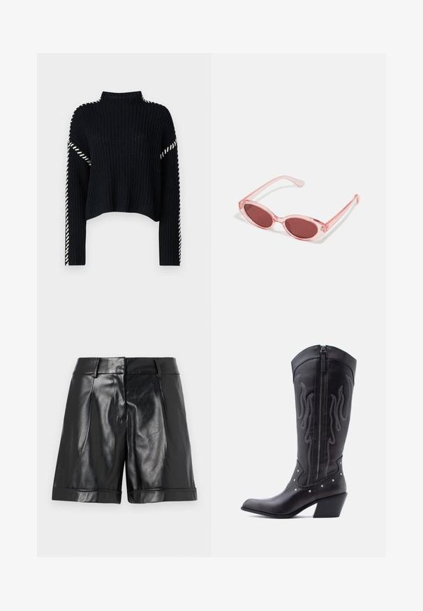 Vero Moda VMNEWCREAM FUNNELNECK PULLOVER - Trui - black/birch; Zwarte leren shorts met een glanzende afwerking, voorplooien en een opgerolde zoom. Strak ontwerp met een op maat gemaakte tailleband en minimale hardware.; Zwarte leren cowboylaarzen met een puntige neus, zichtbare stiksels, zilveren studaccenten en een ritssluiting aan de binnenkant.; Roze transparante zonnebril met ovale lenzen, donkerrode tint en slanke pootjes, met een gladde afwerking en subtiele details op het frame.