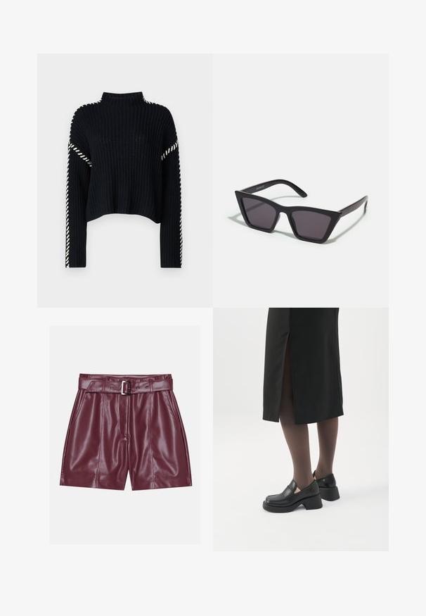 Vero Moda VMNEWCREAM FUNNELNECK PULLOVER - Trui - black/birch; Bordeaux neplederen shorts met een brede tailleband, een riem met een zilveren gesp en voorplooien voor een ontspannen silhouet.; Vrouw met zwarte loafers met grove hak, zwarte doorschijnende panty's en een zwarte rok met een split aan de achterkant op een witte achtergrond.; Zwarte, hoekige zonnebril met grijze lenzen; gemaakt van plastic, met dikke armen met een gladde oppervlakte en zonder zichtbare hardware.
