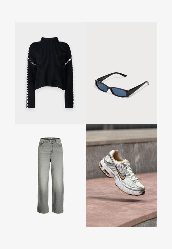 Vero Moda VMNEWCREAM FUNNELNECK PULLOVER - Striktrøje - black/birch; Lys grå højtaljede brede jeans lavet af denim med sidelommer og bæltestropper, med en knap- og lynlåslukning.; Hvid og sølv Nike løbesko med beige swoosh-logo, vist i luften over en stens overflade med en sløret grå vægbaggrund.; Sorte solbriller med en slank rektangulær ramme og blå linser. Har en glat overflade og robuste stænger. Mærkets logo på siden.