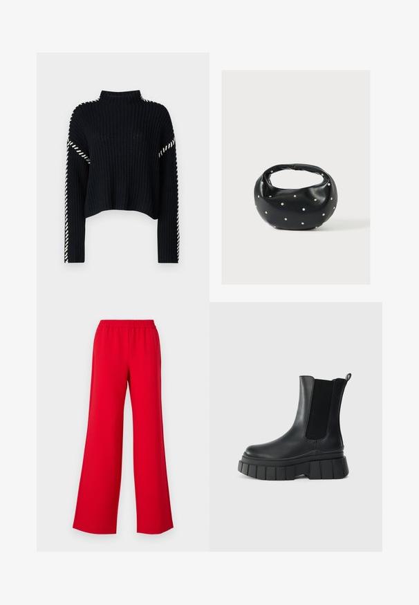 Vero Moda VMNEWCREAM FUNNELNECK PULLOVER - Trui - black/birch; Rode wijde broekspijpen met een elastische tailleband, gemaakt van een glad, lichtgewicht materiaal. Het ontwerp bevat geen zichtbare hardware of patronen.; Zwarte enkellaarzen van soepel leer met elastische zijpanelen, een dikke, gegroefde platformzool en een trekband aan de achterkant.; Zwarte leren handtas met een afgeronde vorm, versierd met zilveren studs, en een korte handgreep. Gladde textuur en ritsluiting.