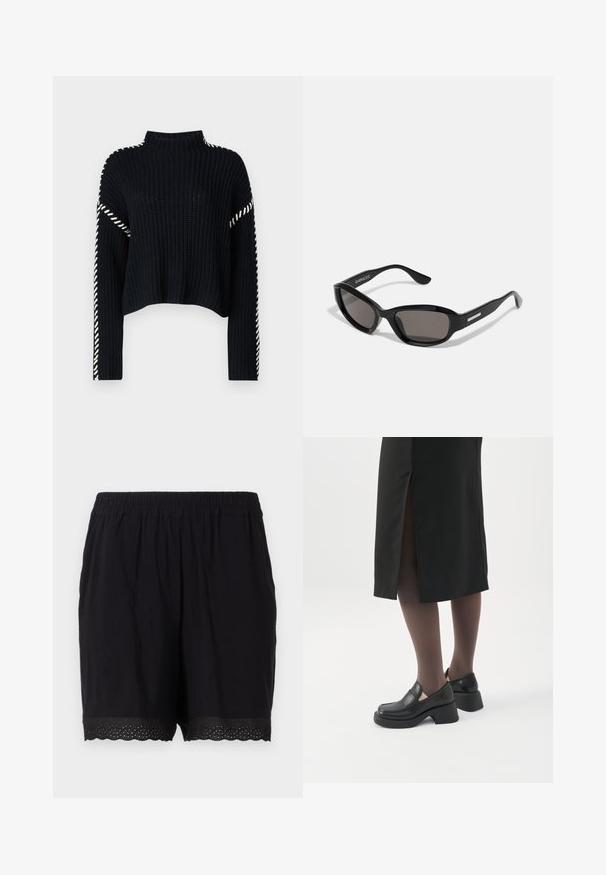 Vero Moda VMNEWCREAM FUNNELNECK PULLOVER - Svetrík - black/birch; Čierne bavlnené šortky s elastickým pásom a strapcovým lemom s perforovanými detailmi na okrajoch. Mäkká a ľahká látka.; Žena má na sebe čierne mokasíny s hrubým podpätkom, priehľadné čierne pančuchy a čiernu sukňu s rázporkom vzadu na bielom pozadí.; Čierne slnečné okuliare s obdĺžnikovým rámom, tmavými šošovkami, hladkým plastovým materiálom a kovovým akcentom na ramene.