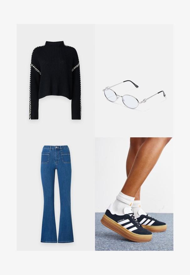 Vero Moda VMNEWCREAM FUNNELNECK PULLOVER - Trui - black/birch; Uitlopende blauwe jeans met een hoge taille, gemaakt van denim. Bevat twee achterzakken en een metalen knoopsluiting aan de voorkant. Schoon, minimalistisch ontwerp.; Ben met witte sokken en zwarte Adidas Gazelle sneakers met witte strepen en dikke bruine zolen op een grijs tapijt.; Zilveren metalen ovale bril met heldere glazen, voorzien van decoratieve zijkanten en zwarte uiteinden op de pootjes voor extra grip en comfort.