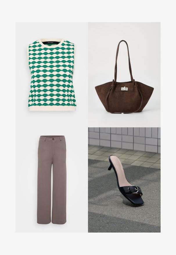 Pull sans manches tricoté présentant un motif ondulé en vert et crème. Encolure ronde avec ourlet côtelé et tissu texturé.; Pantalons à jambes larges en tissu brun lisse et discret, avec des poches avant, une fermeture à bouton et une taille ajustée.; Mule sandale à talon noir avec bout carré, boucle argentée sur la bride, posée sur l'asphalte près d'un mur carrelé.; Sac fourre-tout en cuir suédé brun avec une forme structurée, doté d'un fermoir en métal argenté et de deux poignées. Texture lisse avec des coutures d'accent.