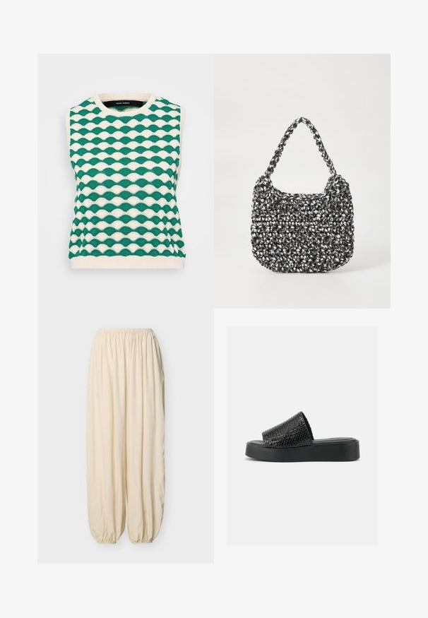 Pull sans manches tricoté présentant un motif ondulé en vert et crème. Encolure ronde avec ourlet côtelé et tissu texturé.; Pantalon ample de couleur crème avec taille élastique et poignets élastiques froncés sur un fond uni clair.; Sandale à plateforme noire avec une large bride tressée texturée et une semelle épaisse sur un fond blanc uni.; Sac en osier noir et blanc de forme arrondie, avec une surface texturée et une poignée tressée. Convient à un usage décontracté.